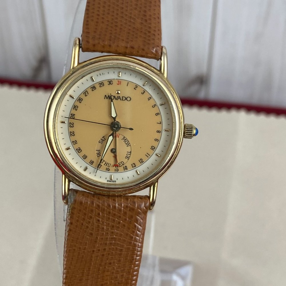Vintage Movado Gold Dot Watch 1970's 5 Hands 8 inch New Tan Leather Strap